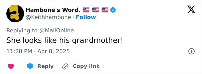 Tweet discussing age appearance comparison between Keanu Reeves and girlfriend.