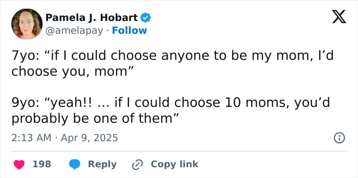 Funny tweet by parent about kids choosing moms, featuring humor from a 7yo and 9yo.