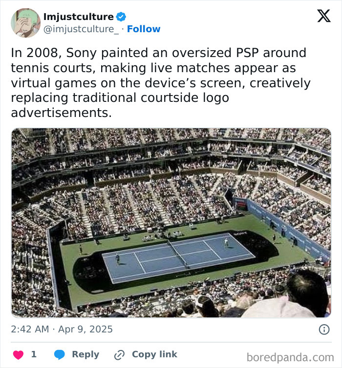 Tennis court painted as a giant PSP by Sony in 2008, replacing traditional advertisements, an interesting family fact.