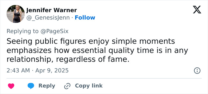 Screenshot of a tweet discussing public figures enjoying simple moments and the importance of quality time in relationships.