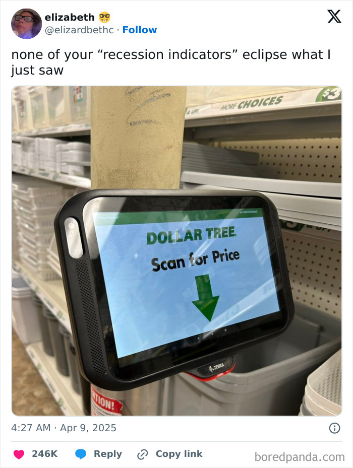 Store scanner at Dollar Tree displaying "scan for price," highlighting recession indicators humorously.