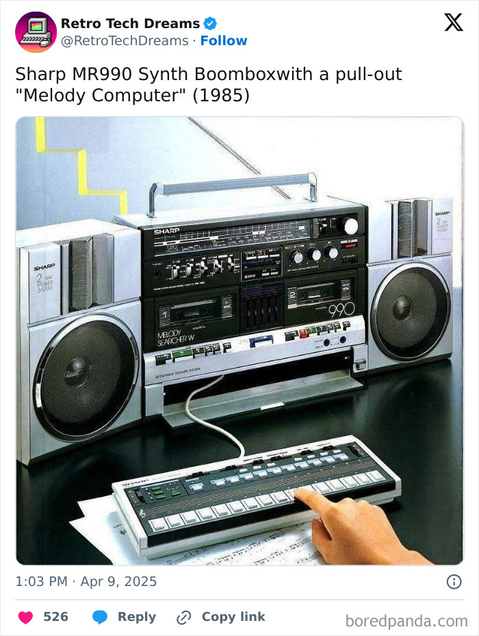 Sharp MR990 Boombox with pull-out Melody Computer from 1985, showcasing retro tech design.