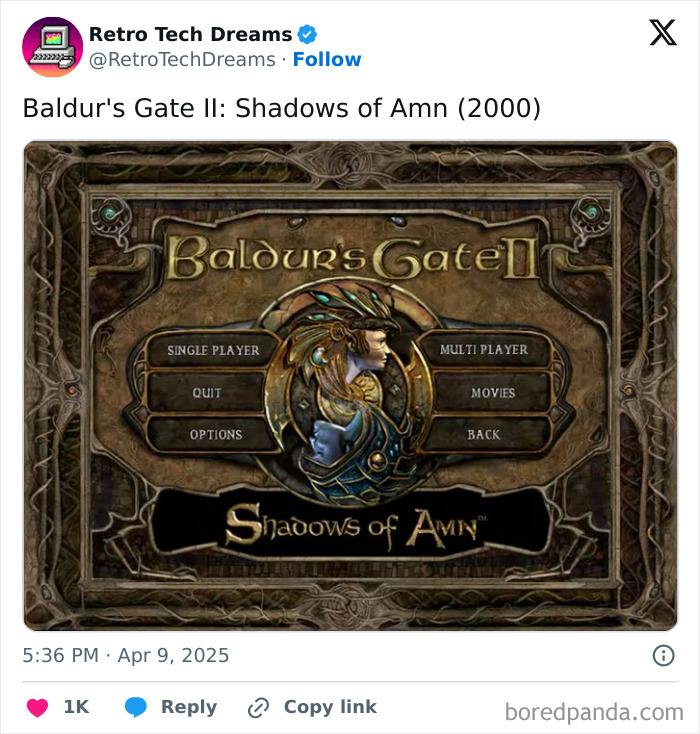 Main menu screen of "Baldur's Gate II: Shadows of Amn," an iconic piece of retro tech gaming history.