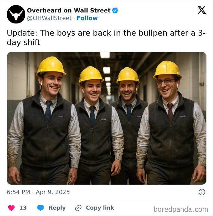 Four men wearing yellow helmets and vests smiling in a hallway. Overheard on Wall Street humorous context.
