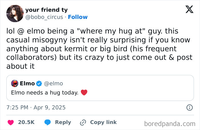Screenshot of a funny tweet about Elmo needing a hug, posted by a user commenting on casual behavior.