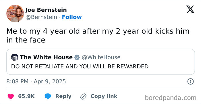 A funny tweet about parenting, featuring humorous advice from a White House tweet.