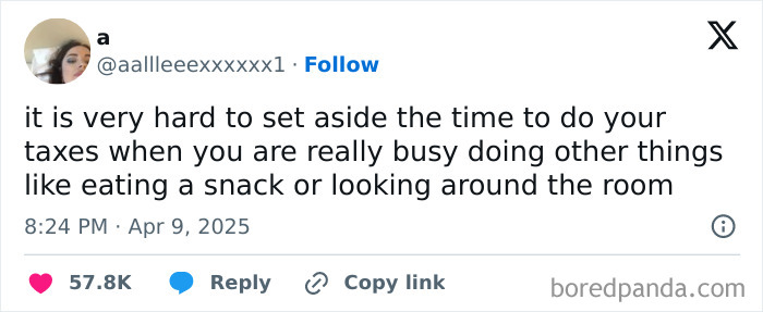 April tweet humor: "It's hard to do taxes when busy with snacks or room-gazing," tweeted by @aallleeexxxxx1.