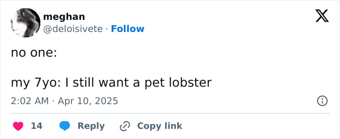 Funny tweet from a parent about their 7-year-old child wanting a pet lobster.
