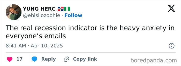 Tweet by @ehisilozobhie humorously noting email anxiety as a recession indicator.