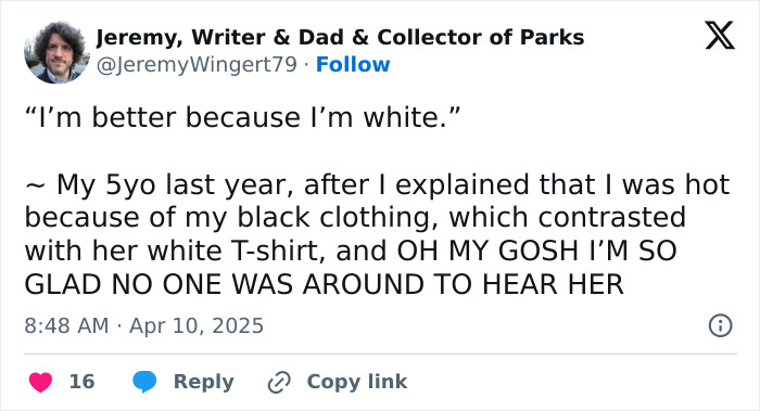 Funny tweet by a parent sharing a humorous quote from their 5-year-old about clothing color contrast.
