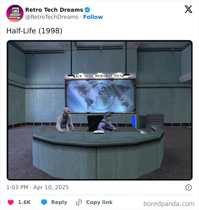 Retro technology game scene from Half-Life, showing scientists in a research facility with vintage computers.