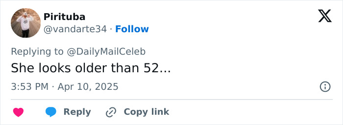 Tweet about someone looking older than 52, sparking discussion on youthful appearances.
