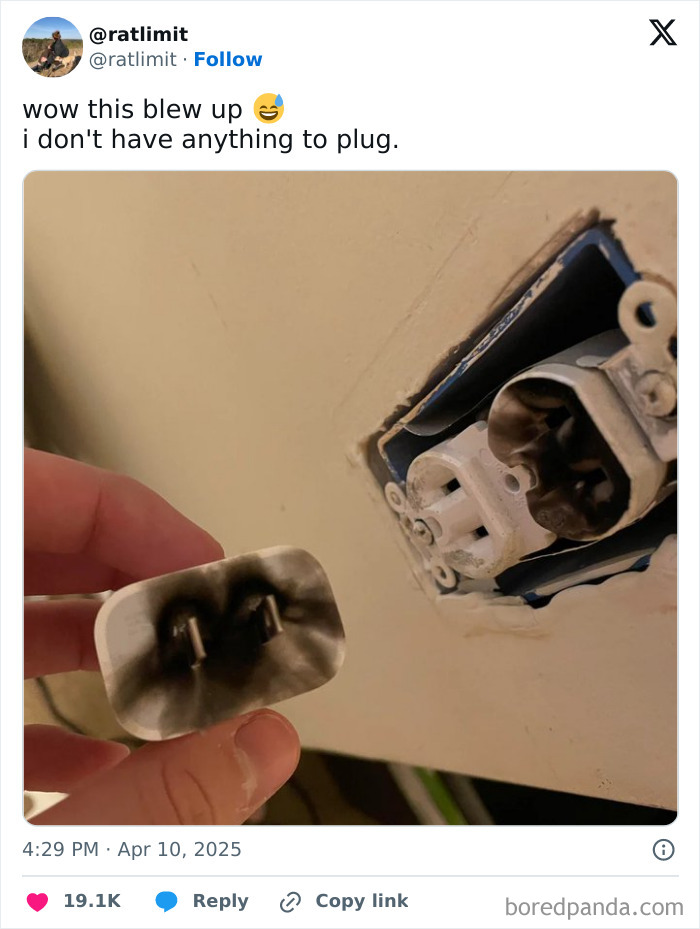 Burnt plug near a damaged outlet, part of the funniest tweets in April.
