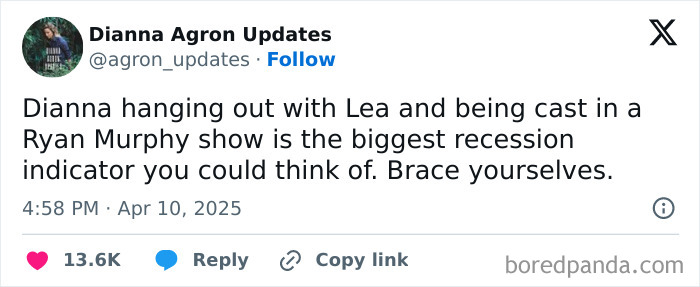 Tweet about a humorous recession indicator related to being cast in a Ryan Murphy show.