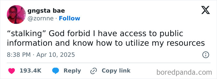 Tweet by user @zorinne humorously addresses using public info, part of April's funniest tweets series.