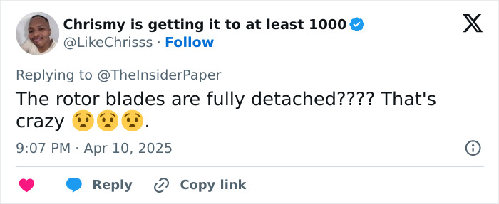 Tweet mentioning New York helicopter crash, expressing shock over detached rotor blades with surprised emojis.