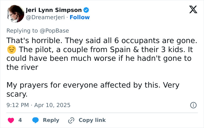 Tweet expressing condolences for New York helicopter crash victims, including a tech boss, wife, and their three children.