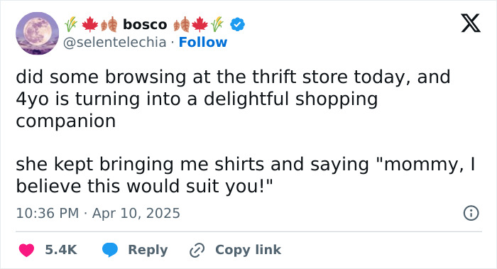 Funny tweet by a parent about a 4-year-old's thrift store shopping advice.