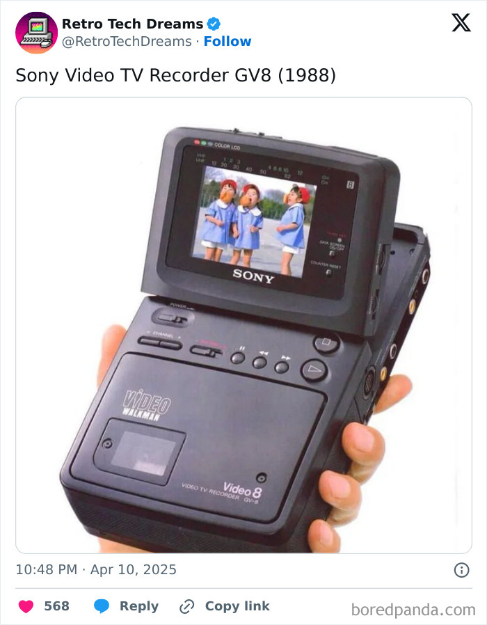 A vintage Sony Video TV Recorder GV8 from 1988, featuring a built-in screen displaying an image.
