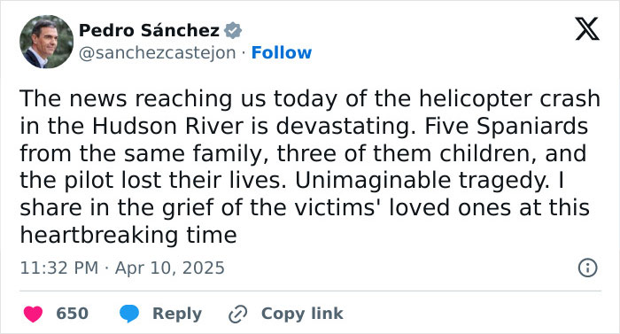 Tweet by Pedro S&aacute;nchez expressing sympathy for victims of New York helicopter crash; tech boss and family lost.