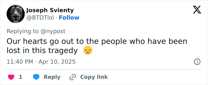 Tweet expressing condolences for New York helicopter crash victims, featuring a sad emoji.