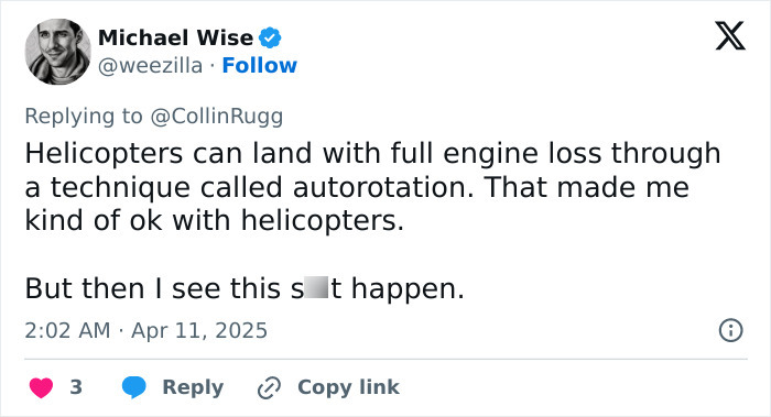 Tweet discussing helicopter safety techniques and expressing concern following a New York helicopter crash.