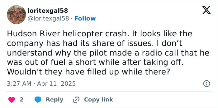 Tweet discussing NYC helicopter pilot's radio message and confusion over fuel status before the Hudson River crash.