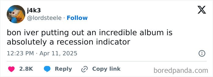 Tweet humorously noting Bon Iver's album as a recession indicator, with engagement metrics displayed.