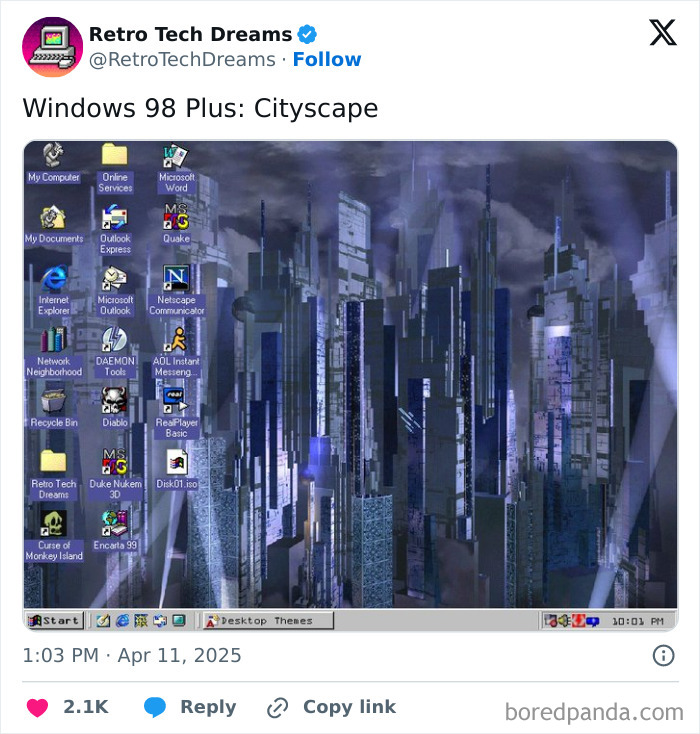 Windows 98 Cityscape theme with retro tech icons like Quake and AOL Instant Messenger on a desktop screen.