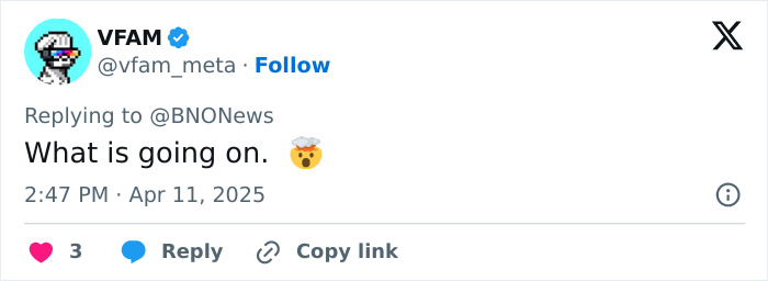 Tweet by @vfam_meta expressing shock with the phrase &ldquo;What is going on&rdquo; and a surprised emoji, referring to a plane incident.