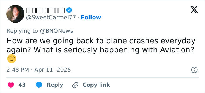 Tweet about a plane explosion in Florida, questioning aviation safety after the incident.