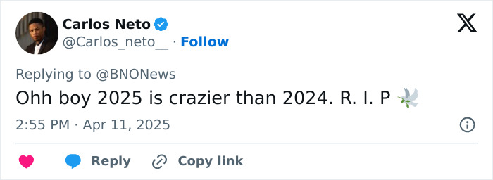 Tweet by Carlos Neto reacting to a plane explosion in Florida, expressing surprise about 2025 events.