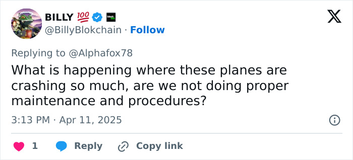 Tweet by Billy questioning frequent plane crashes, possibly due to inadequate procedures.
