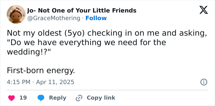 Funny tweet from a parent recounting a humorous question from their 5-year-old about wedding preparations.