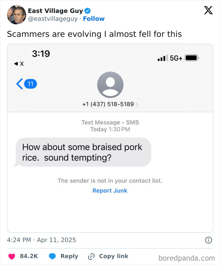 Funny tweet showing a text scam attempt with an offer for braised pork rice.