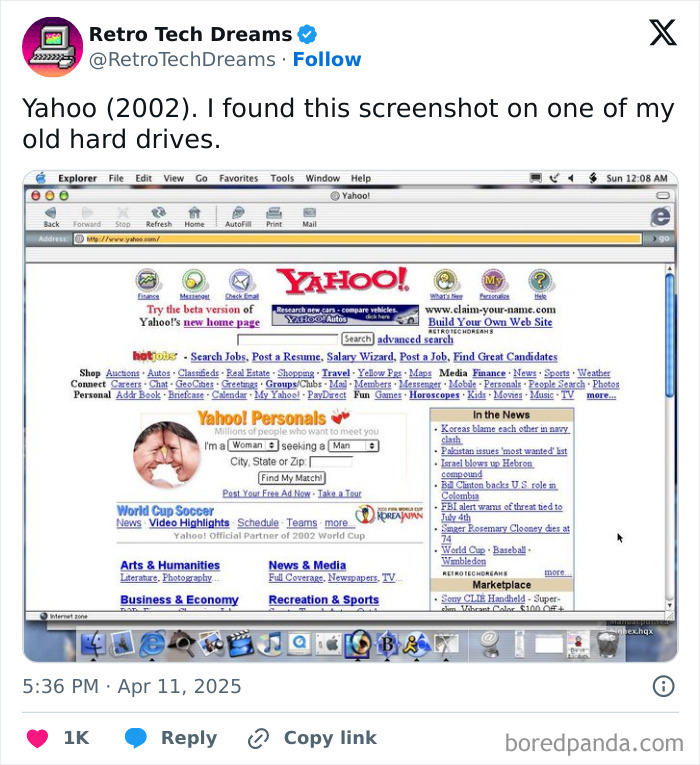 Screenshot of Yahoo's nostalgic homepage from 2002, captured on an old hard drive.