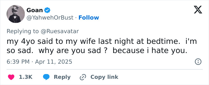 Funny tweet by parent; a child humorously tells their mom they’re sad at bedtime because they "hate" her.
