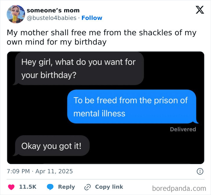 Text exchange about a humorous birthday wish in April tweet.