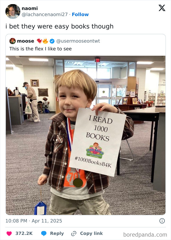 Child holding a sign "I Read 1000 Books" with a medal, part of the funniest tweets collection for the month.