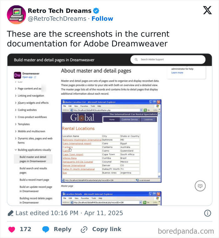 Nostalgic tech image showing Adobe Dreamweaver documentation and screenshots of rental locations on a vintage interface.