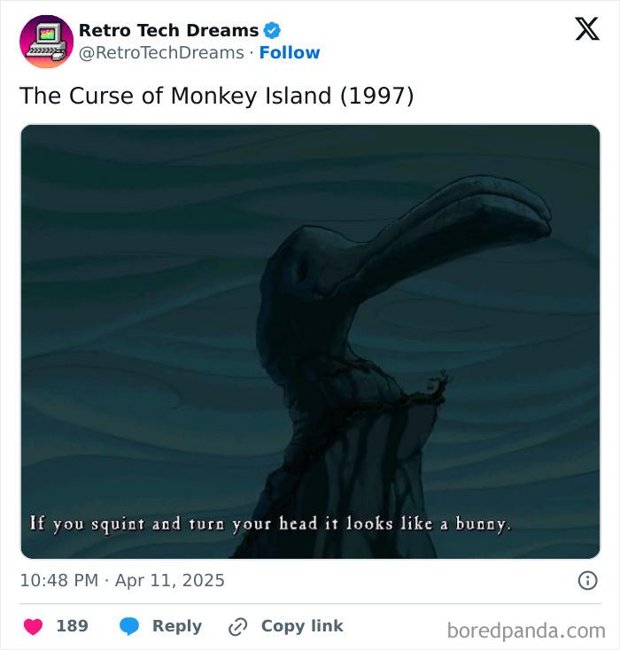 Retro tech scene from "The Curse of Monkey Island" showing a dark silhouette with humorous text overlay.