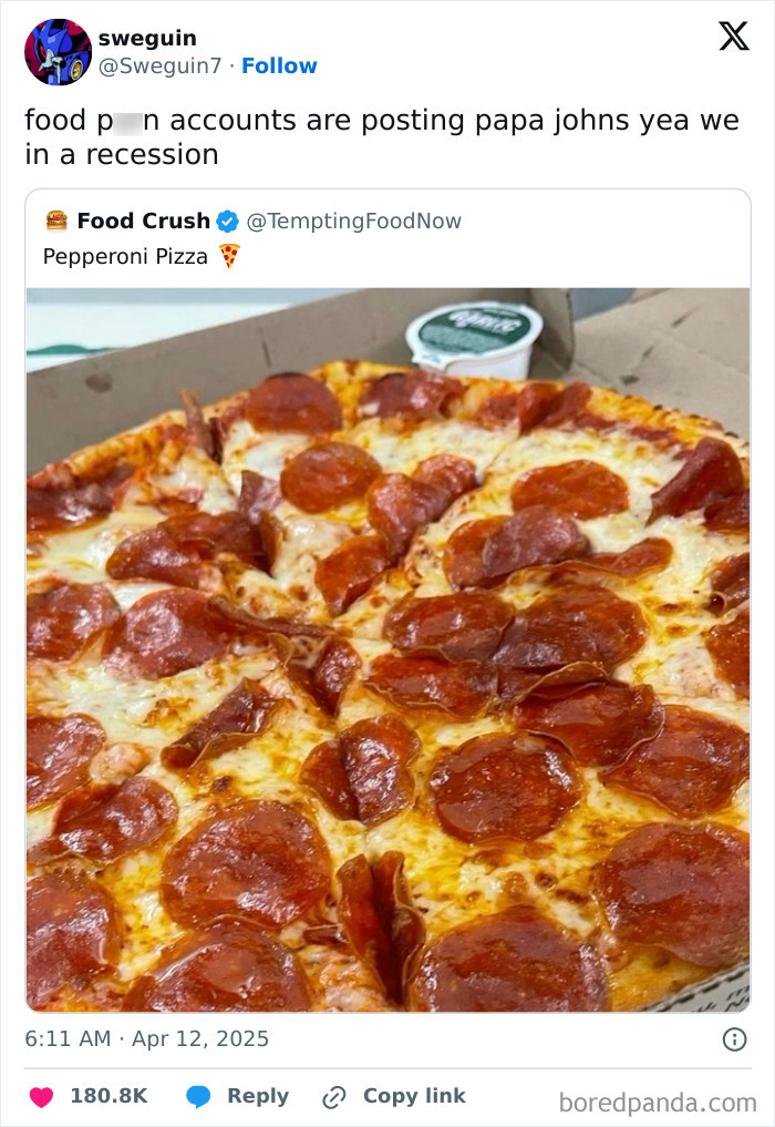 Pepperoni pizza in a humorous tweet about recession indicators, highlighting economic humor.