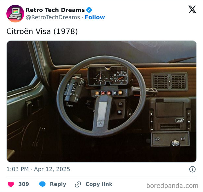 Retro technology dashboard of a 1978 Citroën Visa, showcasing vintage design and controls.