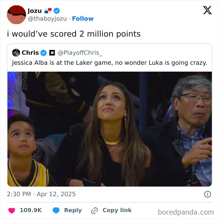 Tweet humorously reacting to a basketball game featuring celebrity attention, part of April's funniest tweets.