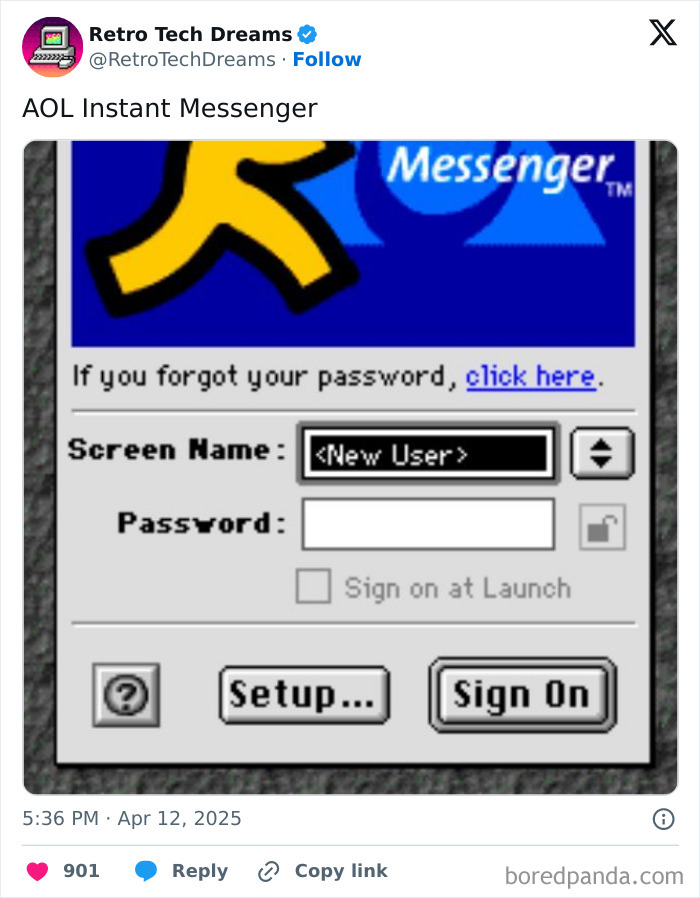 Retro tech screenshot of AOL Instant Messenger login with new user option highlighted.