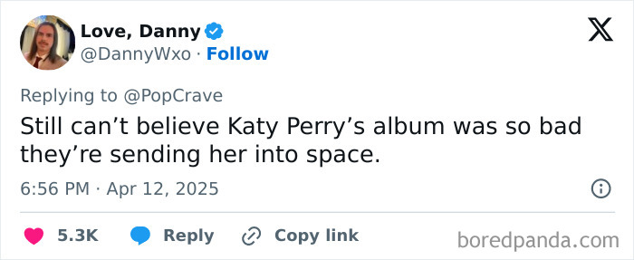 Tweet humorously reacting to Katy Perry's space trip with Blue Origin.