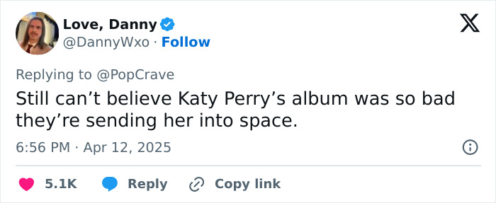 Tweet joking about Katy Perry's space mission, referencing her latest album.