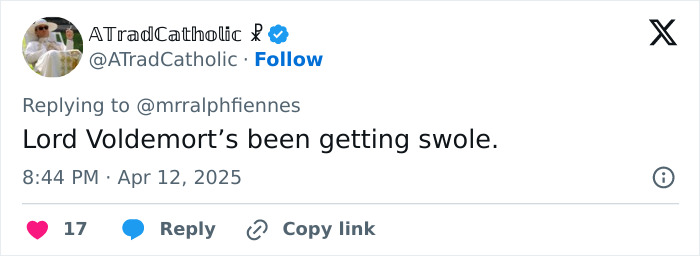 Tweet comment reads, "Lord Voldemort’s been getting swole," referring to Hollywood icon's physique change. Tweet comment reads, "Lord Voldemort’s been getting swole," referring to Hollywood icon's physique change.