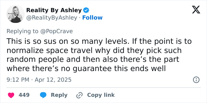Tweet by Reality By Ashley questioning space mission selection, mentioning filler and space travel concerns.