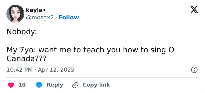 Tweet humorously highlights kid's spontaneous offer to teach "O Canada" song.